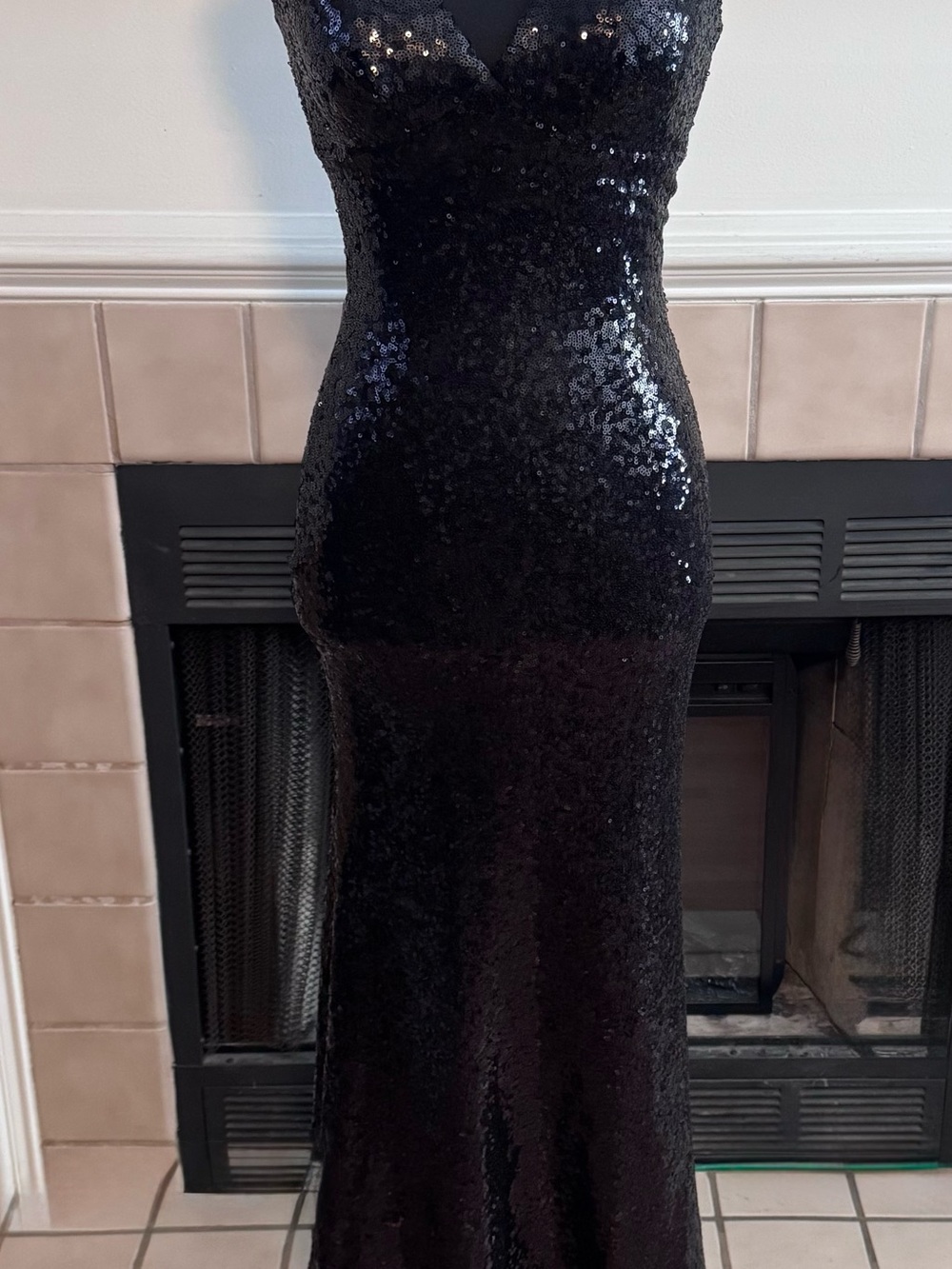 B. Darlin Black Sequin Bikini Strap Evening Dress